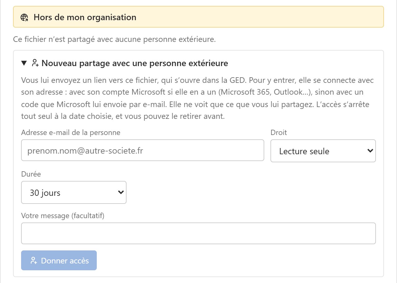 Formulaire de partage avec une personne extérieure : son adresse, le droit accordé, et la durée après laquelle l’accès s’arrête.