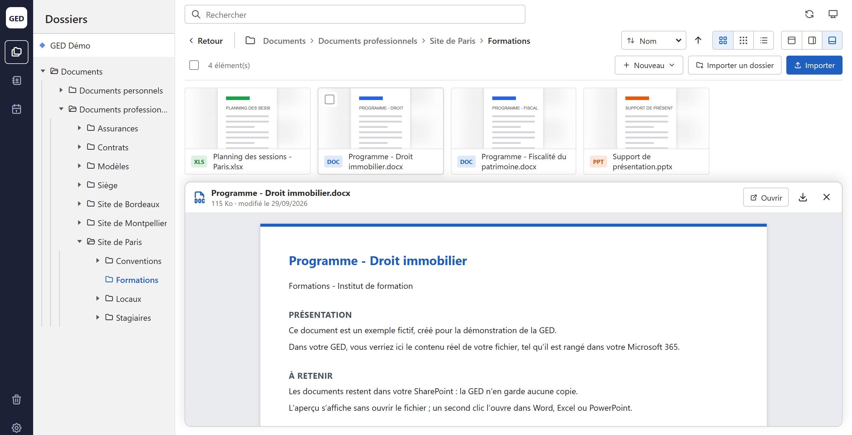 Un dossier de formations ouvert, avec l’aperçu d’un document Word dans la moitié basse de l’écran.
