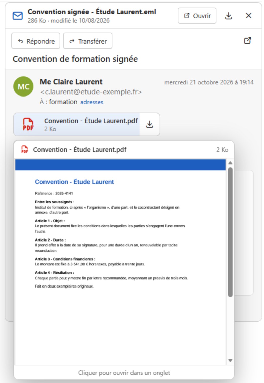 Un mail rangé dans la GED, avec les boutons Répondre et Transférer, et l’aperçu de sa pièce jointe PDF au survol.