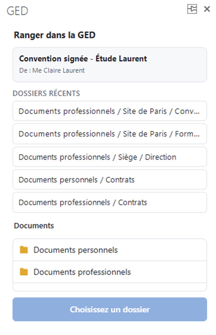 Dans Outlook, le volet « Ranger dans la GED » : le mail ouvert, les dossiers récents et l’arborescence de la GED.