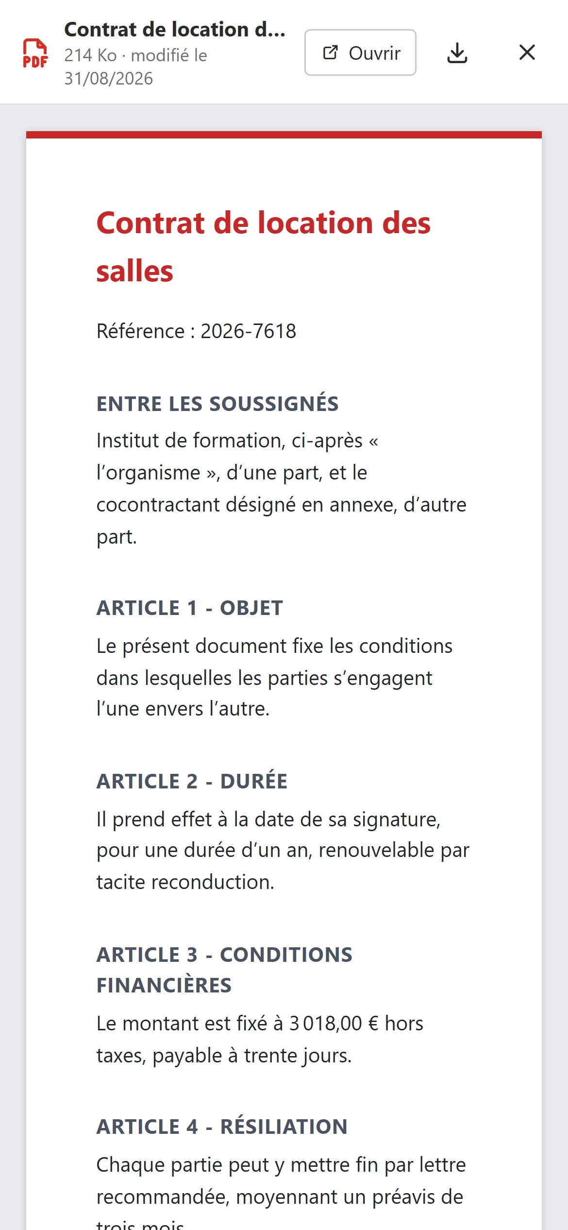 Sur téléphone, l’aperçu d’un contrat en PDF.